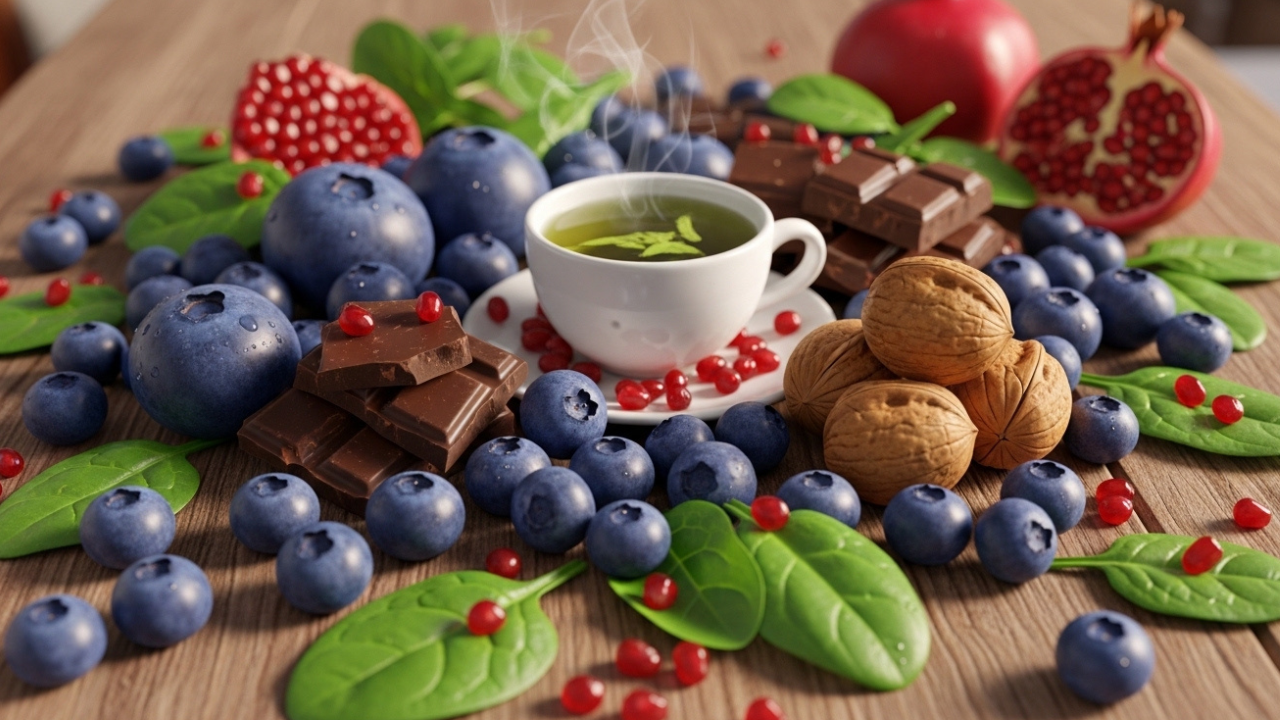 3D Pixar-style spread of antioxidant-rich foods including blueberries, dark chocolate, walnuts, spinach, green tea, and pomegranate