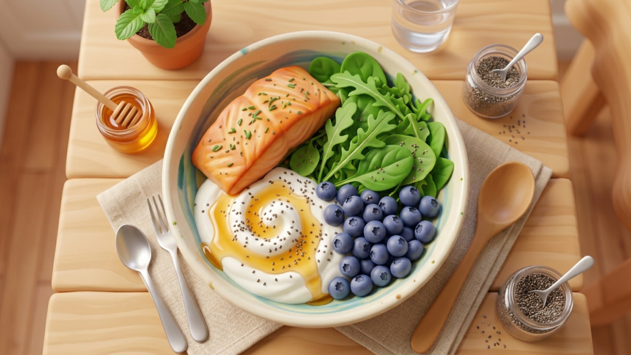 What Is the Gut-Brain Connection? Foods That Boost Your Mood and Digestion 3D Pixar-style overhead view of a gut-healthy meal bowl with salmon, blueberries, yogurt, and leafy greens