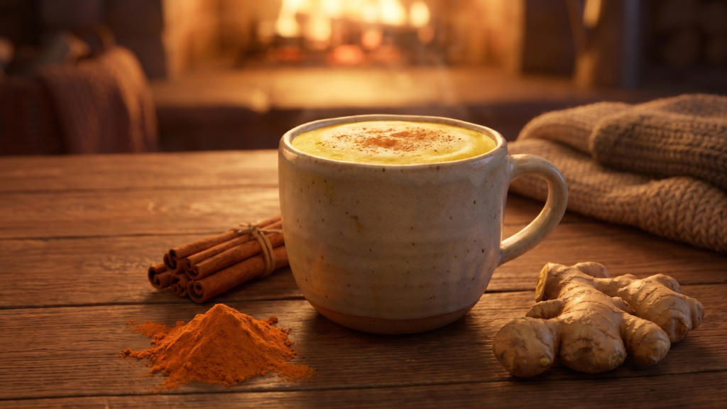 3D Pixar-style golden turmeric latte in a ceramic mug with a cinnamon dusting and warm spices on the side.
