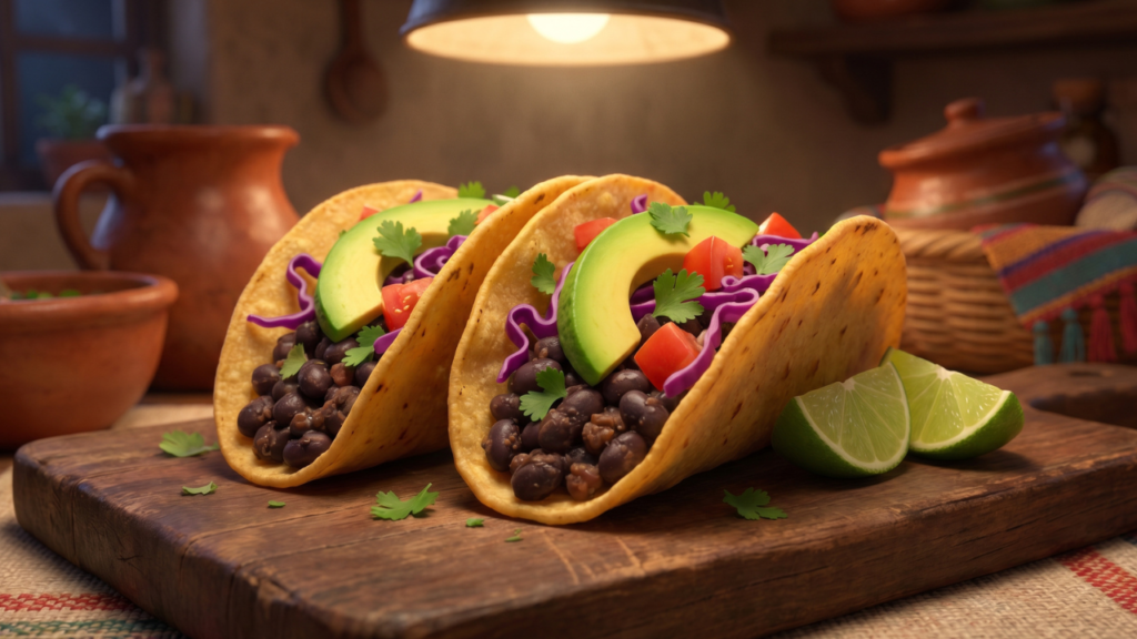 Three crispy black bean tacos filled with seasoned black beans, avocado slices, red cabbage, diced tomatoes, and cilantro, served with fresh lime wedges on a rustic wooden board.