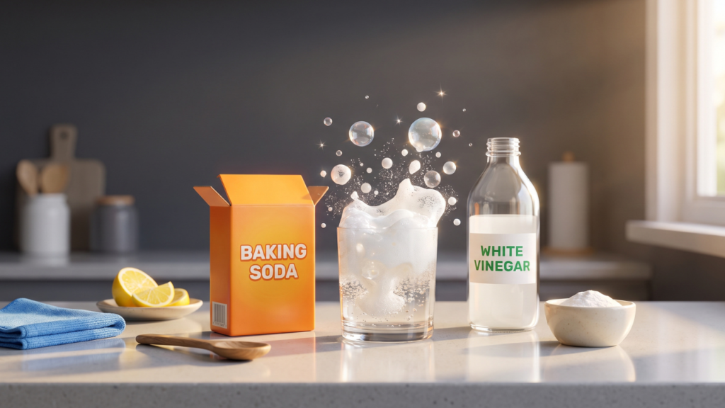 Bright 3D Pixar-style illustration of a box of baking soda and a bottle of white vinegar on a modern kitchen counter with fizzing bubbles between them, demonstrating a natural cleaning reaction.