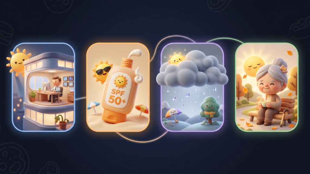 3D Pixar-style infographic showing the common causes of Vitamin D deficiency with icons of an office building for indoor lifestyle, a sunscreen bottle, an overcast sky, and an older adult on a dark background.