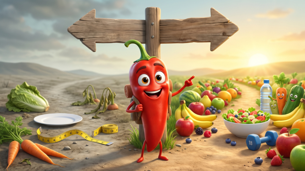 Cartoon chili pepper character at a crossroads between crash dieting and sustainable weight loss, crash diets vs sustainable weight loss 3D Pixar-style illustration