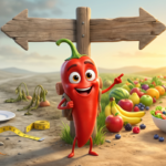 Cartoon chili pepper character at a crossroads between crash dieting and sustainable weight loss, crash diets vs sustainable weight loss 3D Pixar-style illustration