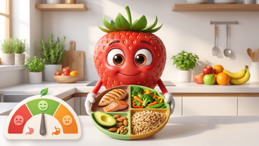Cartoon berry character holding a balanced meal plate showing crash diets vs sustainable weight loss approach, 3D Pixar-style illustration