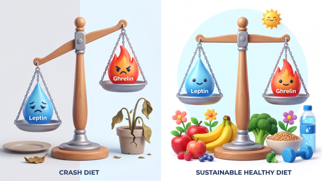 Hormone balance scale comparing leptin and ghrelin levels during crash dieting versus sustainable weight loss, crash diets vs sustainable weight loss 3D Pixar-style illustration