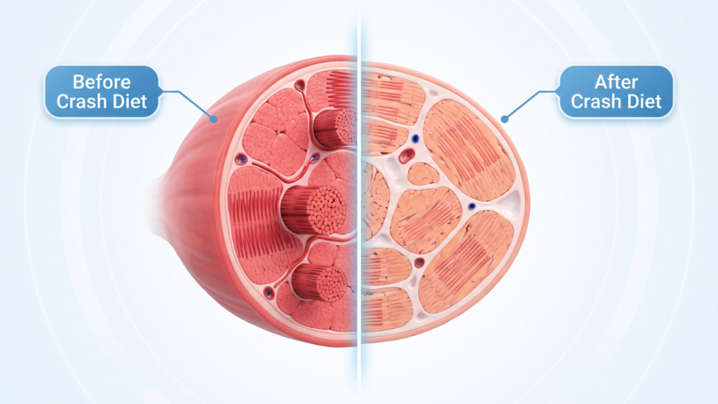 Side by side comparison of healthy muscle fibers versus thinned muscle fibers after crash dieting, crash diets vs sustainable weight loss 3D Pixar-style illustration