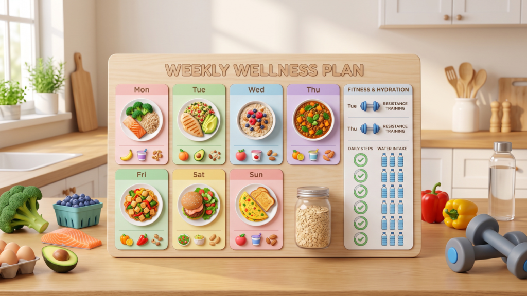 Weekly meal and exercise planner showing sustainable weight loss approach with balanced meals and resistance training days, crash diets vs sustainable weight loss 3D Pixar-style illustration