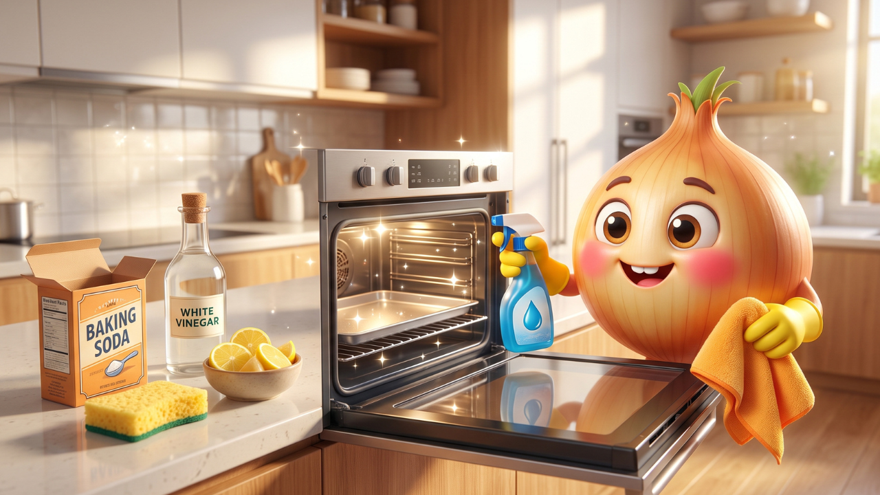 Cute Onion Character Cleaning an Oven 3D Pixar-Style Kitchen Illustration
