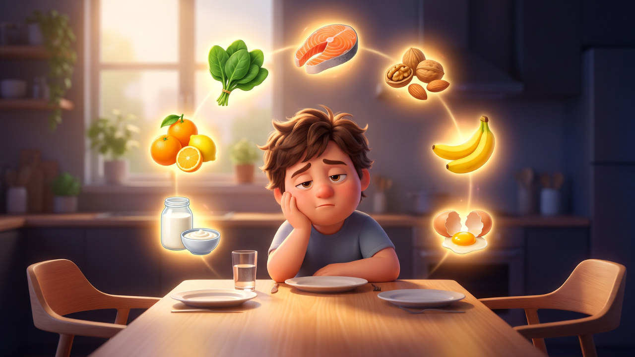 Bright 3D Pixar-style illustration of a tired person at a kitchen table surrounded by glowing nutrient-rich foods including spinach, salmon, nuts, bananas, eggs, dairy, and citrus fruits, symbolizing healthy nutrition and increased energy.