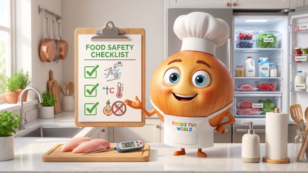 Cartoon onion character holding a food safety checklist in a modern kitchen, food safety mistakes at home 3D Pixar-style illustration