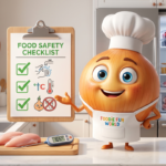5 Food Safety Mistakes Almost Everyone Makes at Home Cartoon onion character holding a food safety checklist in a modern kitchen, food safety mistakes at home 3D Pixar-style illustration