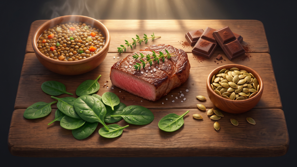 Bright 3D Pixar-style flat-lay illustration of iron-rich foods including lean beef steak, lentils, fresh spinach, pumpkin seeds, and dark chocolate arranged on a dark wooden surface with warm golden lighting.