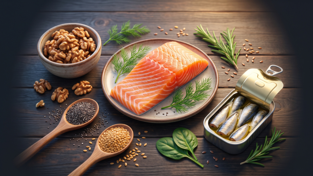 Bright 3D Pixar-style flat-lay illustration of omega-3-rich foods including fresh salmon, walnuts, chia seeds, flaxseeds, and sardines arranged on a dark wooden surface with cinematic lighting.