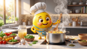 Cartoon lemon chef character standing next to a pot of boiling pasta, 3D Pixar-style kitchen illustration