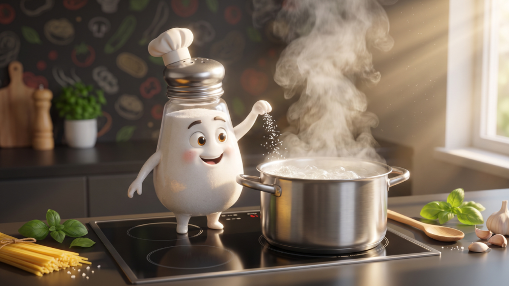 Cartoon salt shaker character pouring salt into boiling pasta water, pasta cooking hacks 3D Pixar-style kitchen illustration