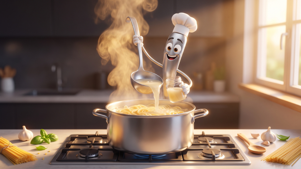 Cartoon ladle character scooping starchy pasta water into a jar, pasta cooking hacks 3D Pixar-style kitchen illustration