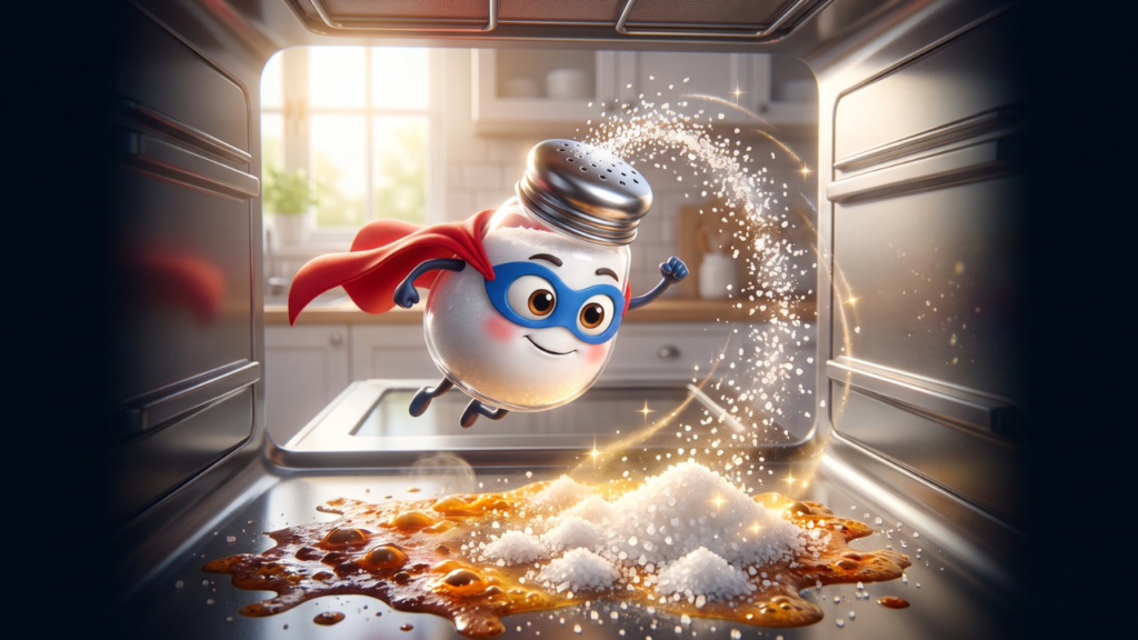 Bright 3D Pixar-style illustration of a cheerful salt shaker superhero sprinkling salt over a fresh oven spill inside a modern oven, demonstrating an easy kitchen cleaning tip.