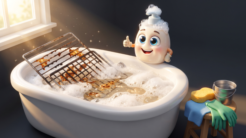 Bright 3D Pixar-style illustration of dirty oven racks soaking in a bathtub filled with bubbly soapy water while a cheerful soap bottle character gives a thumbs-up beside the tub, demonstrating an easy oven cleaning method.