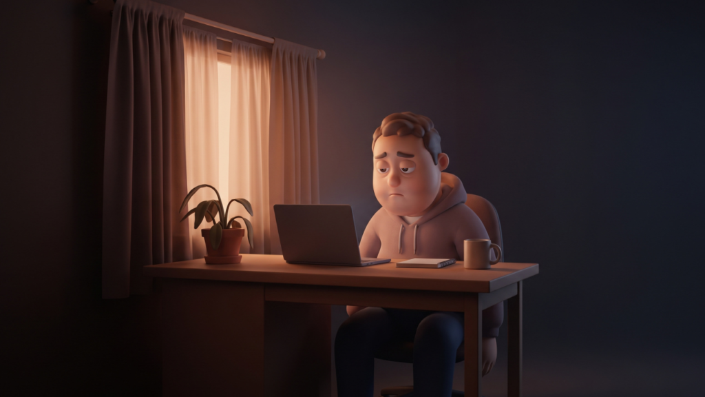 3D Pixar-style illustration of a tired office worker sitting at a desk in a dimly lit room with a curtained window blocking sunlight and a wilting plant on the windowsill, symbolizing limited natural light and fatigue.