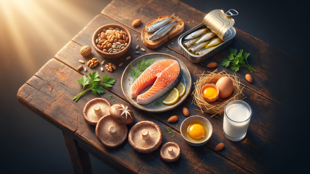 3D Pixar-style flat-lay illustration of Vitamin D-rich foods including fresh salmon, cracked eggs with golden yolks, fortified milk, shiitake mushrooms, and sardines arranged on a dark wooden surface with warm golden lighting.