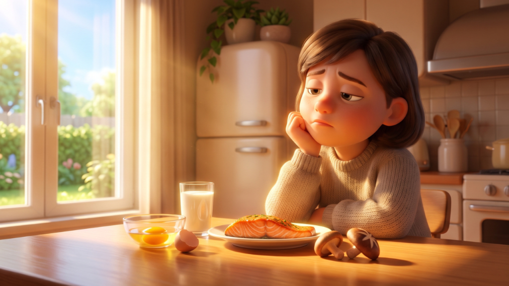 Bright 3D Pixar-style illustration of a tired person sitting indoors away from a sunny window with a plate of Vitamin D-rich foods including salmon, fortified milk, eggs, and shiitake mushrooms, highlighting the importance of sunlight and nutrition for energy.