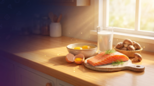 3D Pixar-style illustration of Vitamin D-rich foods including fresh salmon, cracked egg yolks, fortified milk, and shiitake mushrooms on a sunny kitchen countertop with warm natural light.