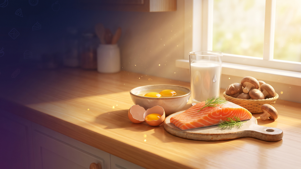Vitamin D Deficiency: Why So Many People Are Low (And How to Fix It) 3D Pixar-style illustration of Vitamin D-rich foods including fresh salmon, cracked egg yolks, fortified milk, and shiitake mushrooms on a sunny kitchen countertop with warm natural light.