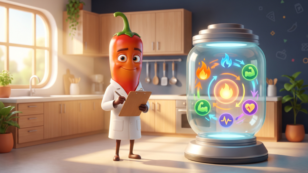 Cartoon chili pepper character in a lab coat next to a metabolism diagram, why metabolism slows down with age 3D Pixar-style illustration