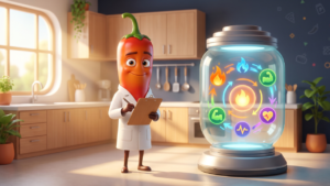 Cartoon chili pepper character in a lab coat next to a metabolism diagram, why metabolism slows down with age 3D Pixar-style illustration