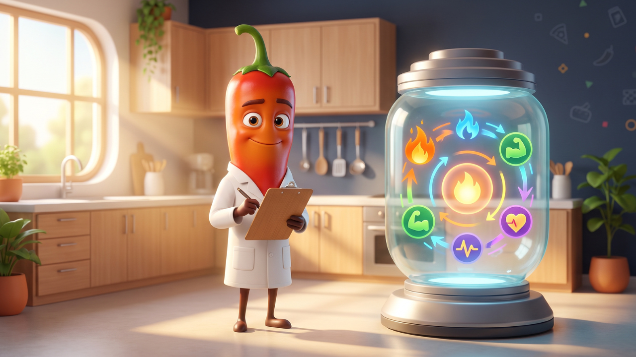 Cartoon chili pepper character in a lab coat next to a metabolism diagram, why metabolism slows down with age 3D Pixar-style illustration