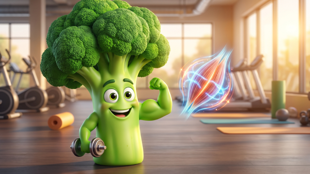 Cartoon broccoli character flexing and lifting weights to fight muscle loss, why metabolism slows down with age 3D Pixar-style illustration