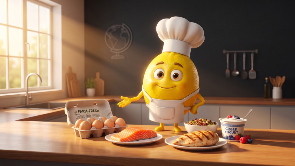 Cartoon lemon character surrounded by high-protein foods to support metabolism with age, why metabolism slows down with age 3D Pixar-style illustration