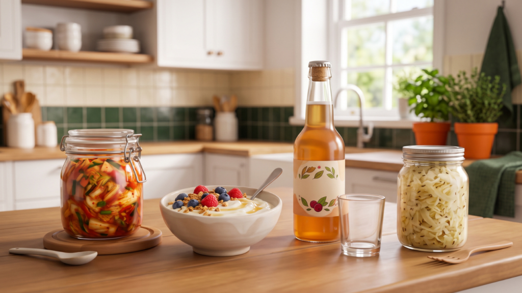 3D Pixar-style illustration of fermented foods including kimchi, yogurt, kombucha, and sauerkraut arranged on a kitchen counter.