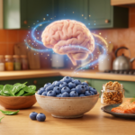 3D Pixar-style illustration of blueberries, spinach, eggs, walnuts, salmon, and pumpkin seeds representing foods that support focus and brain health.