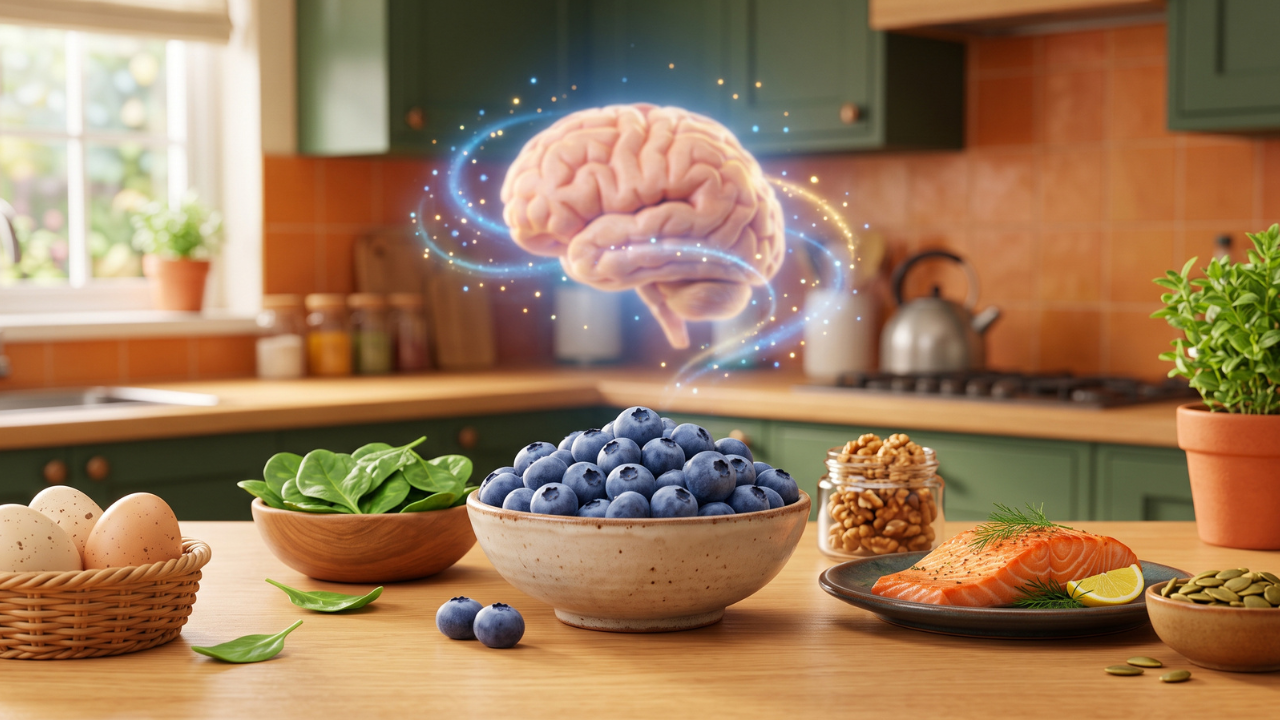 3D Pixar-style illustration of blueberries, spinach, eggs, walnuts, salmon, and pumpkin seeds representing foods that support focus and brain health.