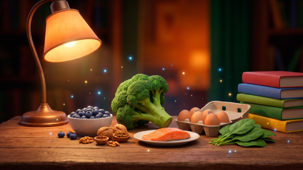 3D Pixar-style illustration of broccoli, eggs, spinach, blueberries, walnuts, and salmon representing foods associated with focus and mental clarity.