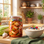 3D Pixar-style illustration of kimchi and yogurt with fresh vegetables representing probiotic foods for gut health