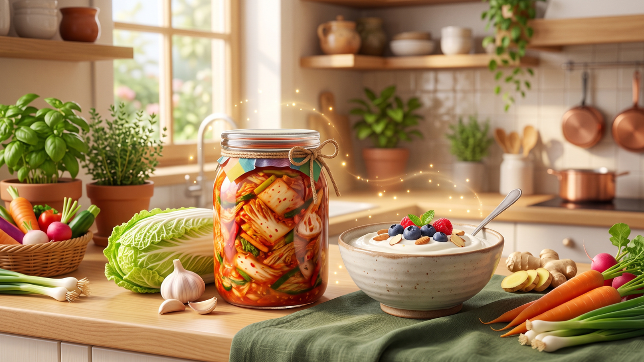3D Pixar-style illustration of kimchi and yogurt with fresh vegetables representing probiotic foods for gut health