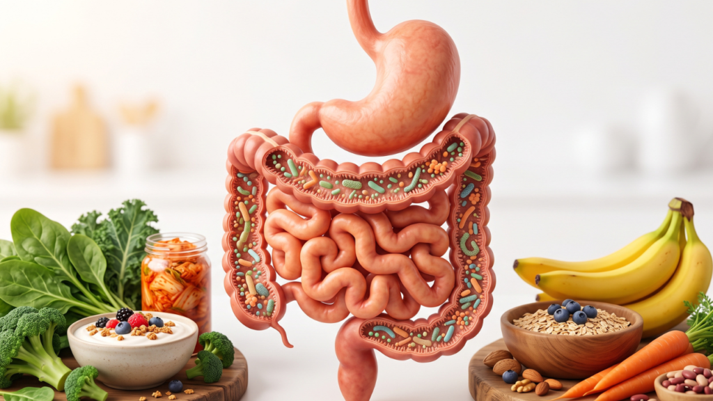 3D Pixar-style illustration of the human digestive system surrounded by beneficial gut bacteria and probiotic and fiber-rich foods.