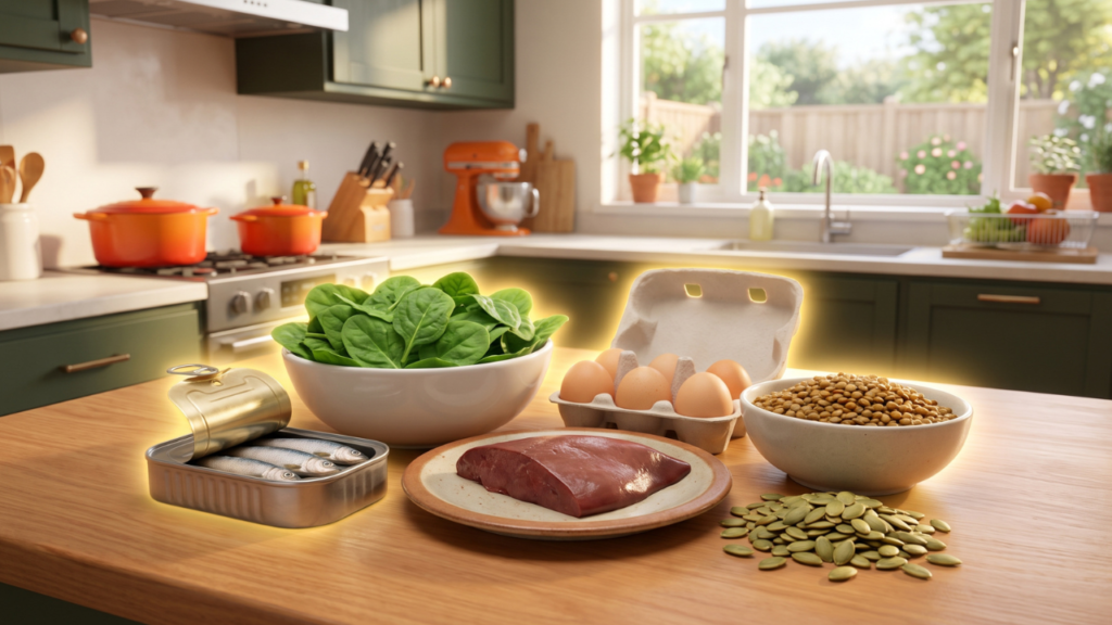 3D Pixar-style illustration of nutrient-rich foods including sardines, spinach, eggs, beef liver, lentils, and pumpkin seeds.