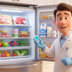 3D illustration of a food scientist checking food storage conditions inside a refrigerator.