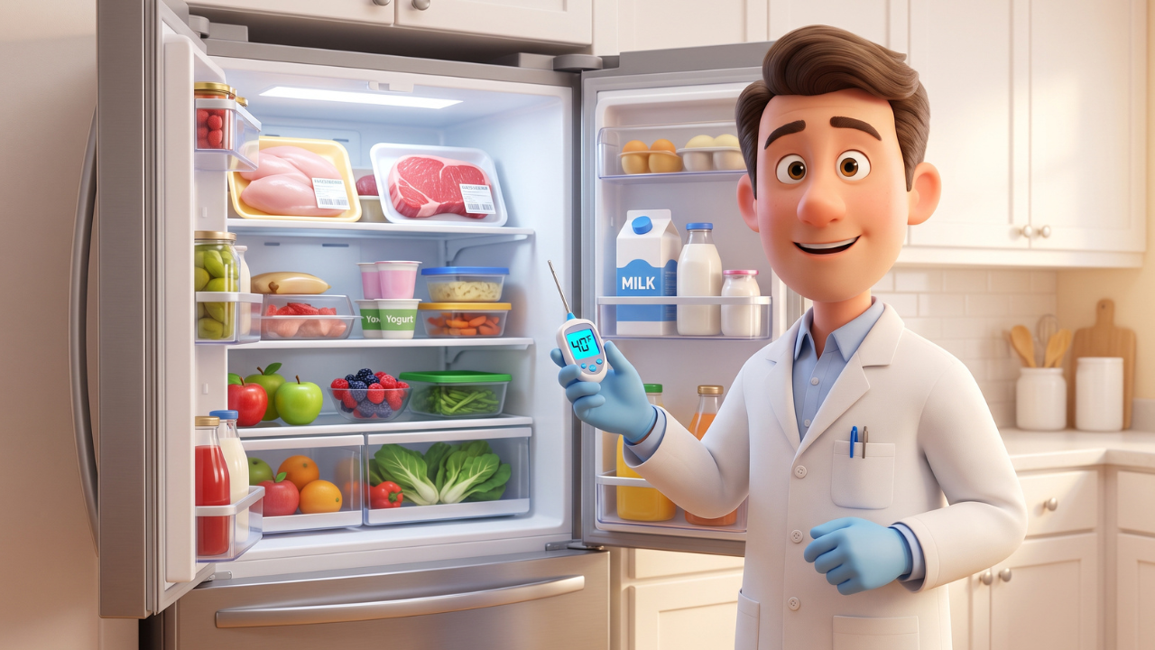 3D illustration of a food scientist checking food storage conditions inside a refrigerator.