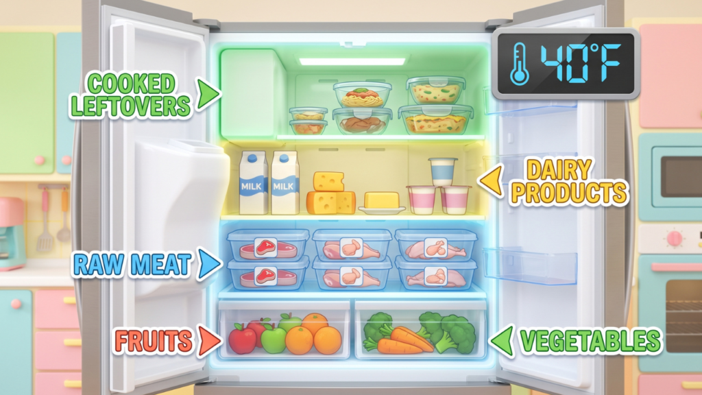 Refrigerator zoning diagram showing correct food storage positions and temperature for maximum shelf life, how long does food last 3D Pixar-style illustration